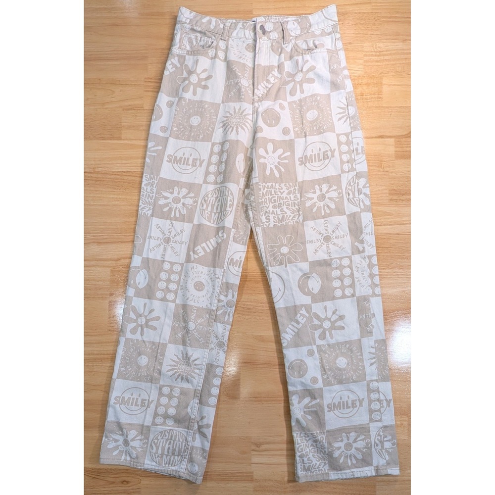 H&M x Smiley Collaboration Beige Checkerboard Wide Leg Graphic Jeans Womens 28